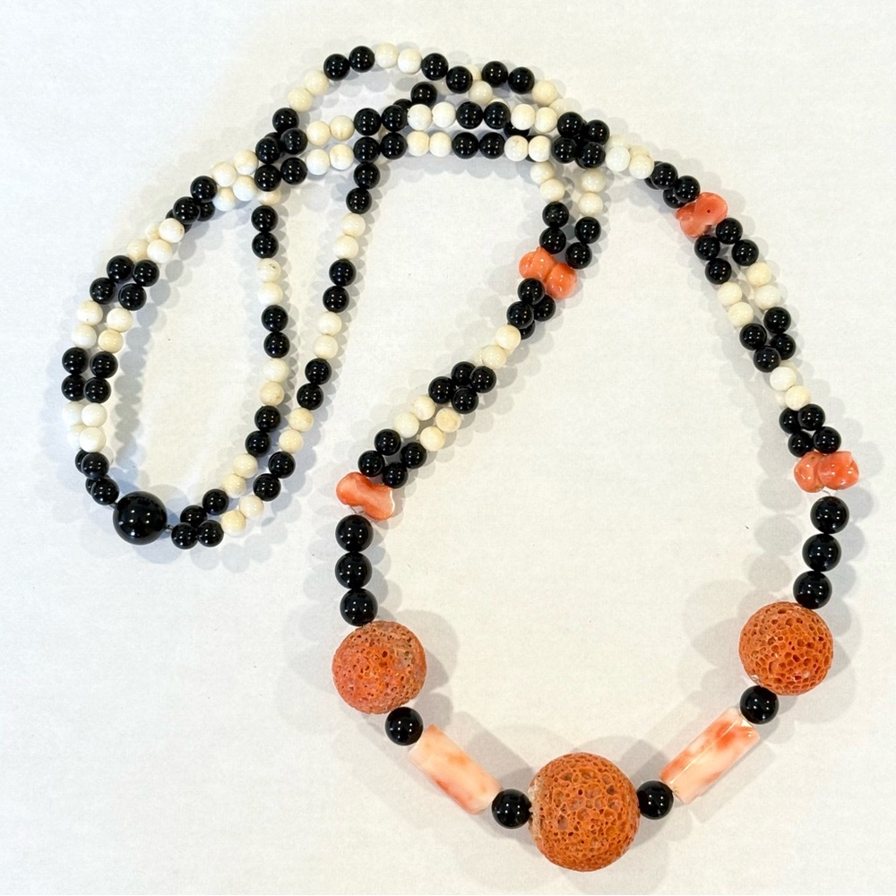 Vintage Coral Onyx Necklace Estate Unique Round 27” Statement  Black Orange